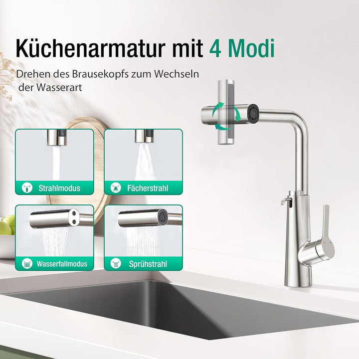 CREA Wasserfall Wasserhahn Küche Ausziehbar,Mischbatterie Edelstahl Küche mit Seifenspender,360° Dre