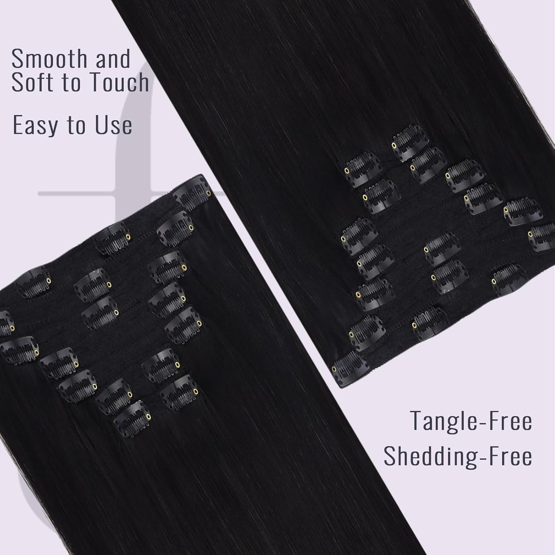 Fshine Clip in Extensions Echthaar 35cm 14 Zoll 120g 7Stück Natürliches Schwarz Echthaar Extensions