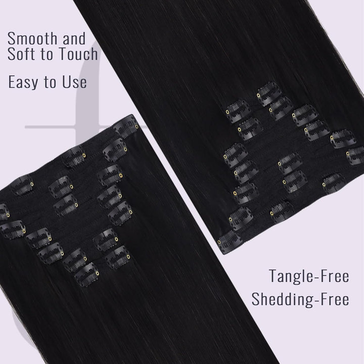 Fshine Clip in Extensions Echthaar 35cm 14 Zoll 120g 7Stück Natürliches Schwarz Echthaar Extensions
