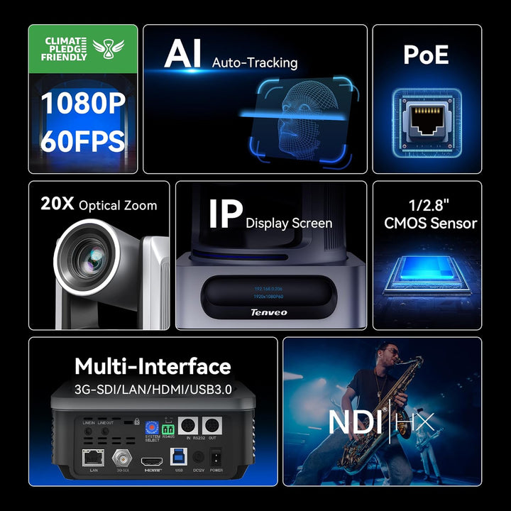 Tenveo NDI PTZ-Kamera mit KI-Humanoid- & Gesichts-Auto-Tracking, 20-fachem optischem Zoom, 3G-SDI/HD