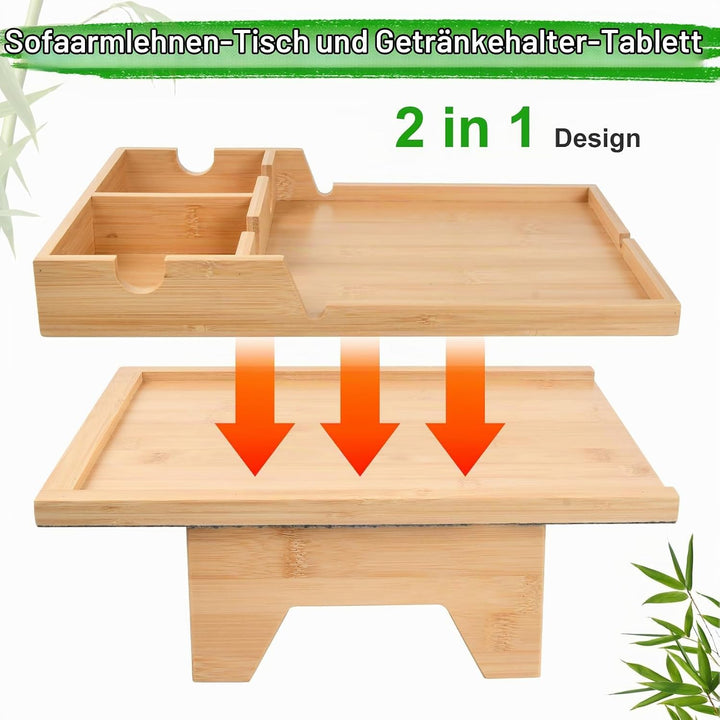 Mapille Sofatablett 2-in-1, Bambus Sofa Armlehnen Tablett mit Getränkehalter und Tablet Ständer, Ver