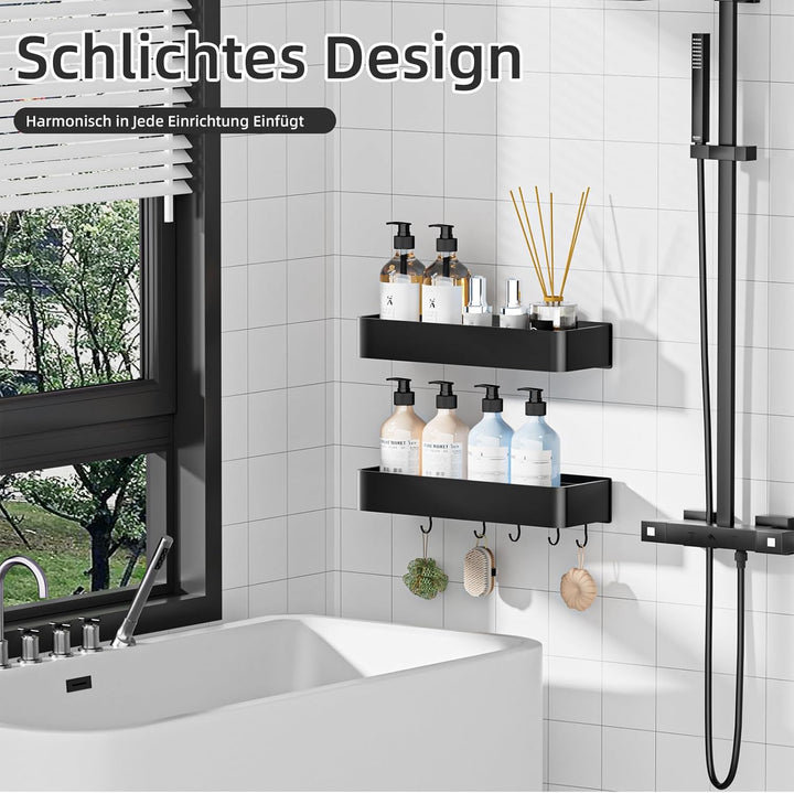 Wisfame Duschablage ohne Bohren, 2 Stück Aluminium Badezimmer Organizer mit 5 Haken, Wasserdichter,
