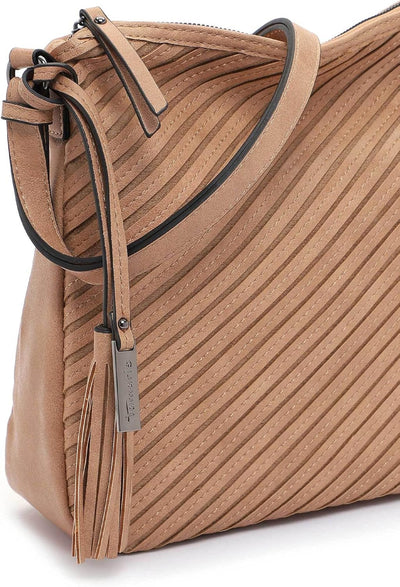 Tamaris Damen Umhängetasche Handtasche Streifendesign Logo Quaste Julina 32022, Farbe:Beige