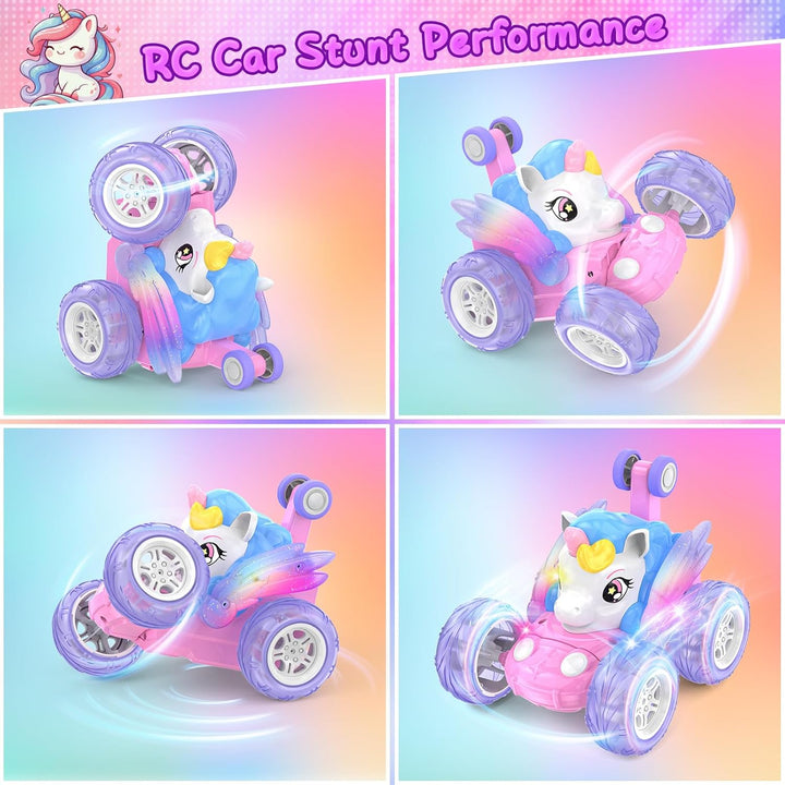 Ferngesteuertes Auto, Einhorn Spielzeug ab 3 4 5 6 7 8 9 Jahre Mädchen 2.4GHz RC Stunt Auto mit Leuc