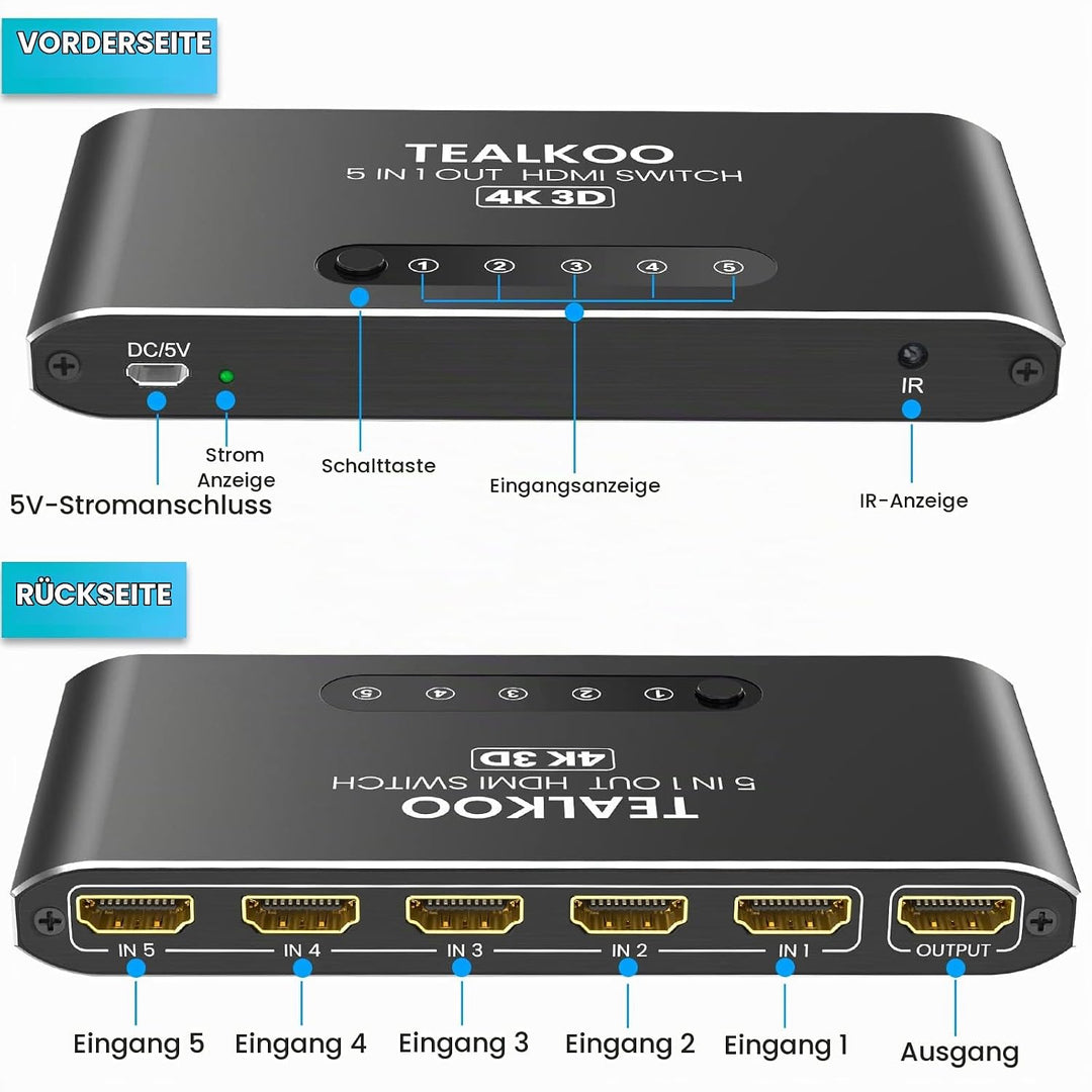 HDMI Splitter HDMI Switch, 4K Aliminium HDMI Switch 5 In 1 Out Automatisch HDMI Switcher mit Fernbed