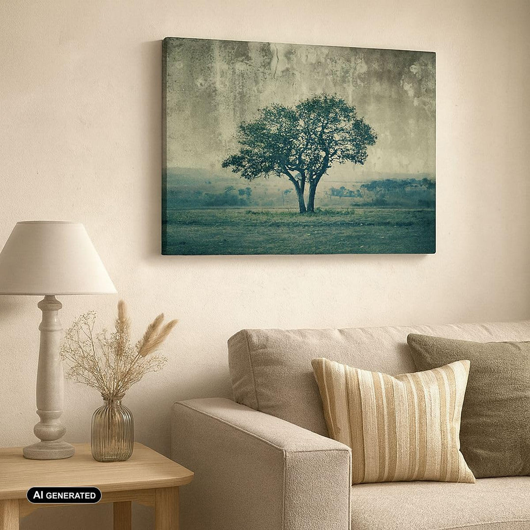 Bilder auf Leinwand Baum Natur Feld Leinwandbild mit Rahmen 70x50cm Wandbilder Dekoration Wohnzimmer