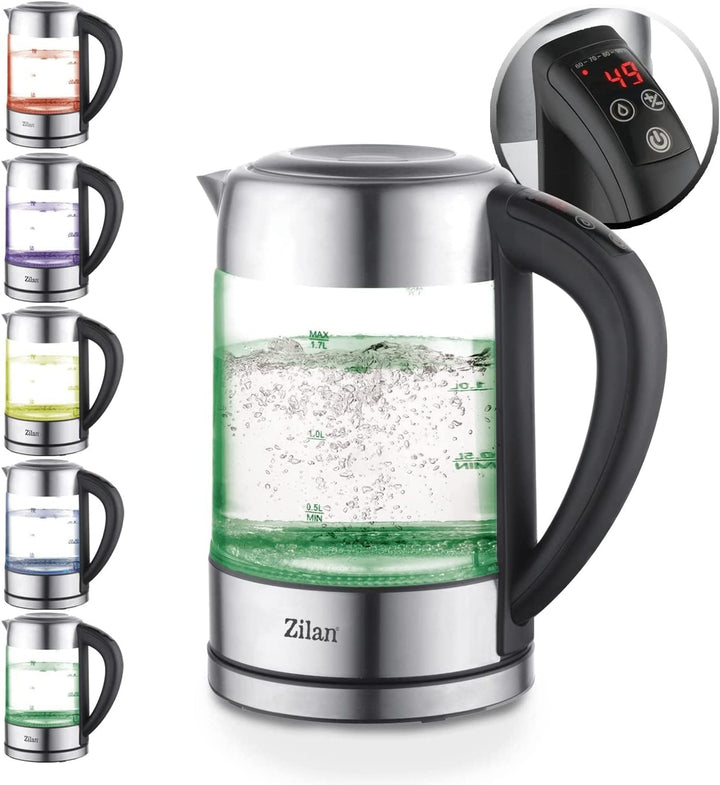Zilan LED Glas Wasserkocher, Digitaldisplay, 1,7 l, 5 verschiedene Einstellungen, Kabelloser Wasserk