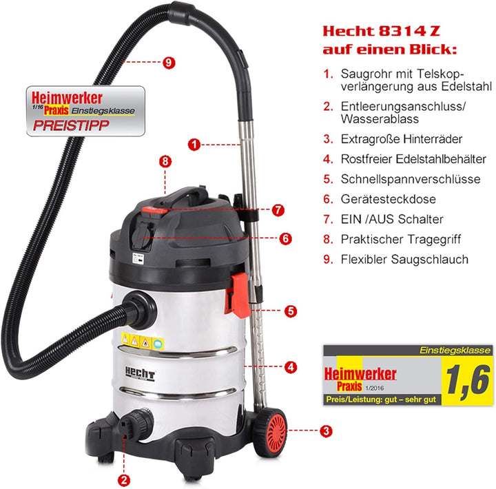 HECHT Preisgekrönter Mehrzwecksauger mit 30 Liter Behälter und starker Saugleistung – Perfekt für de