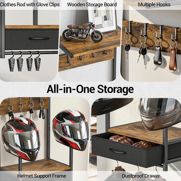 Housolution Motorradhelm Wandhalterung mit Stoffschublade, Helmhalterung mit 4 Handschuhchips und 4