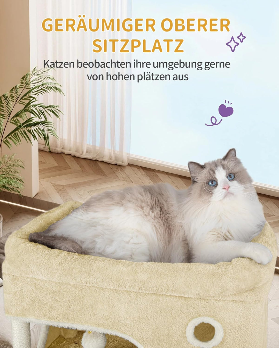 Hzuaneri Kratzbaum, 178 cm Katzenbaum mit grosser Plattform, 2 Höhlen, 7 Kratzsäulen, Pompons, Liege