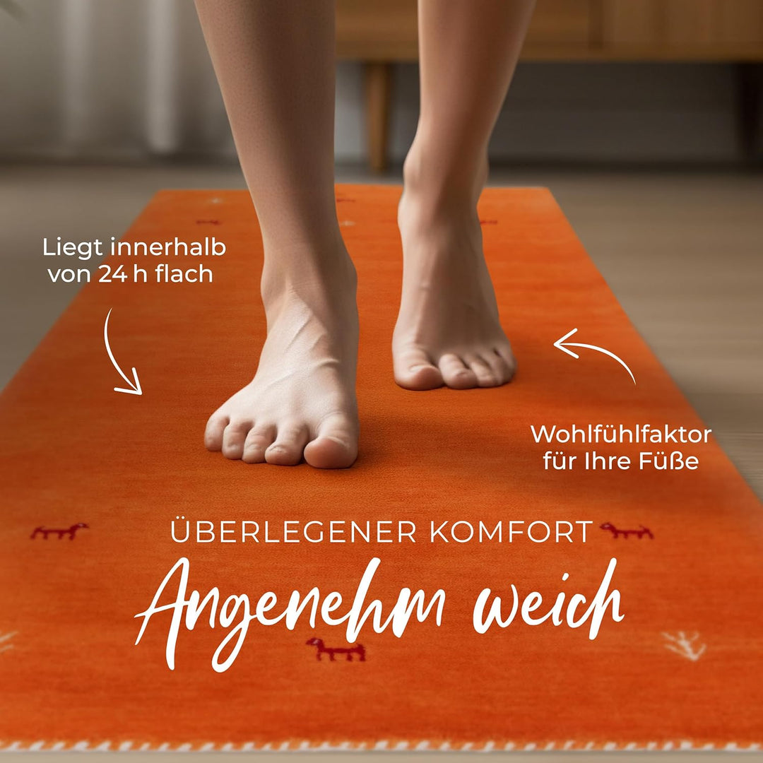 carpetfine Wollteppich Gabbeh Uni Läufer Orange 60x180 cm | Moderner Teppich für Wohn- und Schlafzim