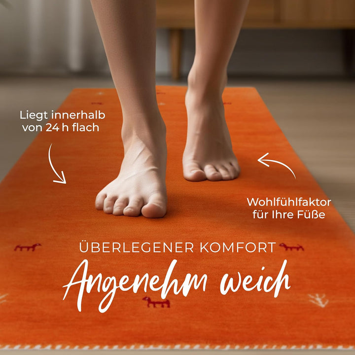 carpetfine Wollteppich Gabbeh Uni Läufer Orange 60x180 cm | Moderner Teppich für Wohn- und Schlafzim