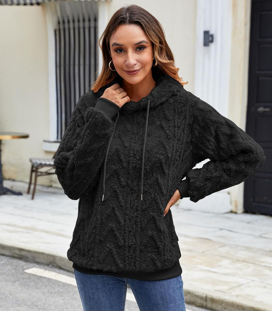 Zetieny Hoodie Damen Kapuzenpullover Teddy Fleece Double Fuzzy Fluffy Jacquard Pullover Lässiges War