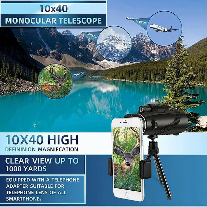 Mengshen 10x40 Monokular Teleskop Pro Kit mit Universal Handy Adapter Stativ für Smartphone Digiskop