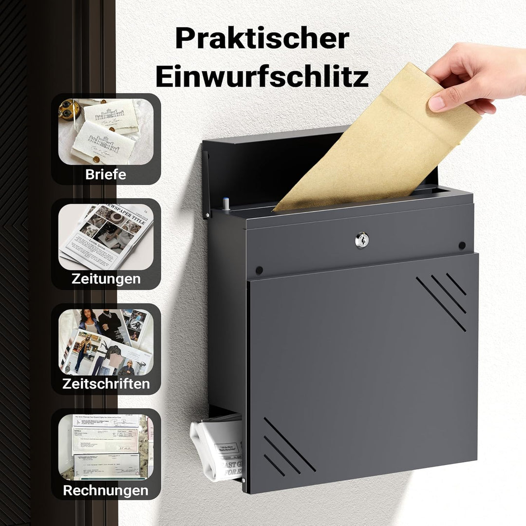 Wiltec Briefkasten Anthrazit V63 aus Stahl 37 x 11 x 37 cm, Wandbriefkasten mit Zeitungsfach und Sch