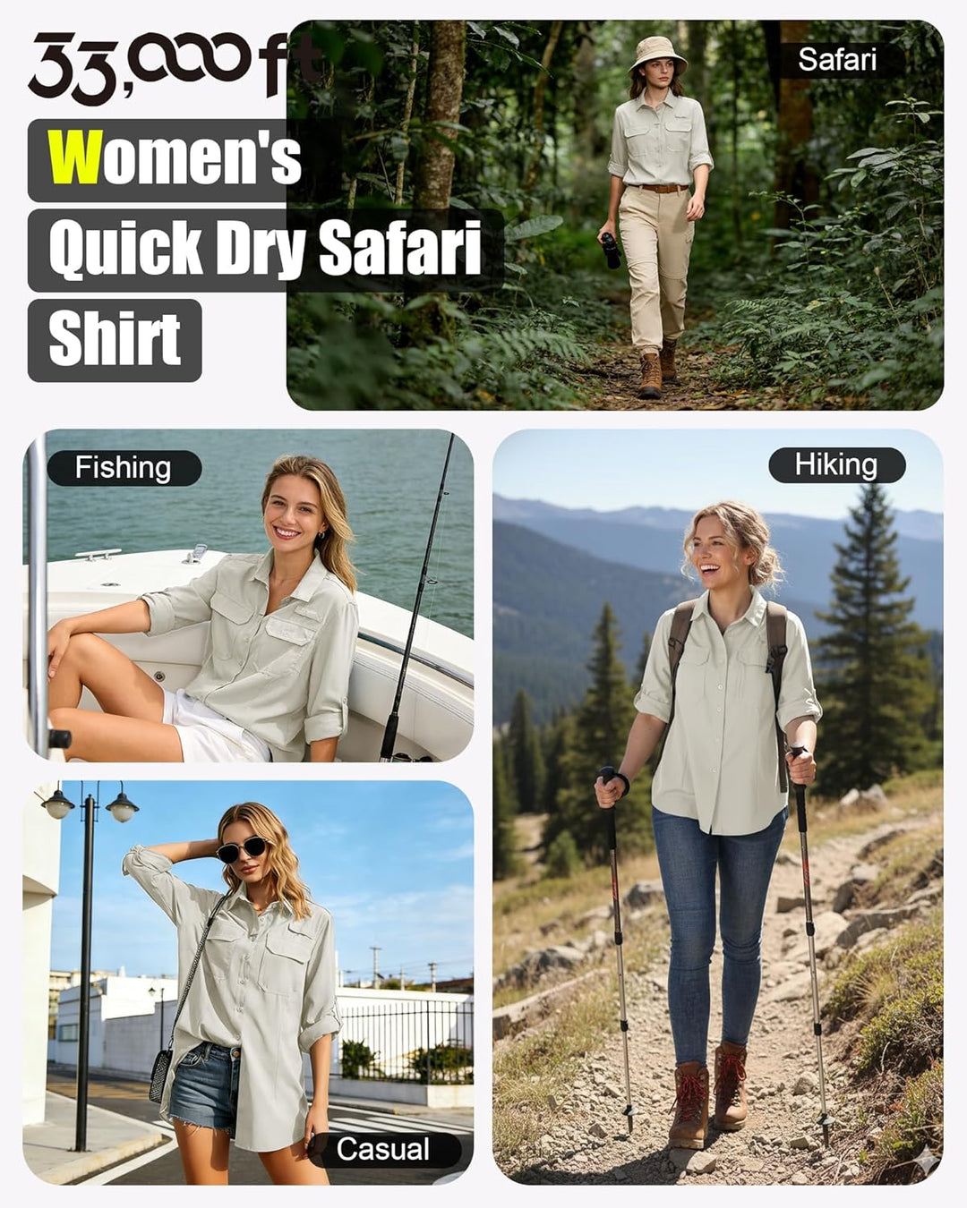 33,000ft Hemdbluse Damen UPF50 UV Schutz Hemd Schnelltrocknende Button-Down Shirts Atmungsaktive Wan