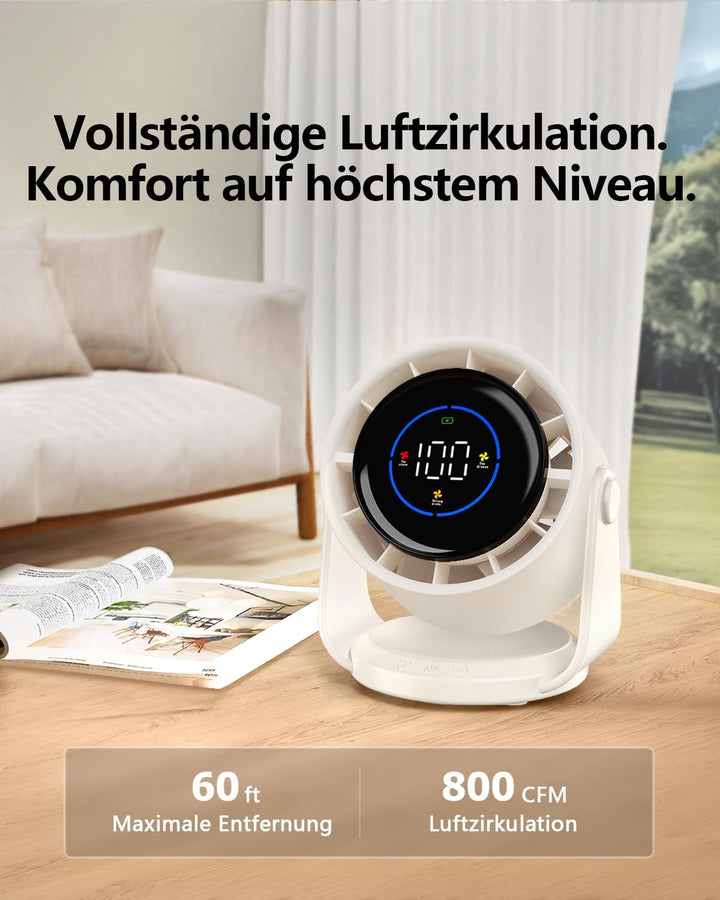 Tischventilator, USB Ventilator mit 100 Geschwindigkeitsstufen 105° Schwenkfunktion LED Display mit