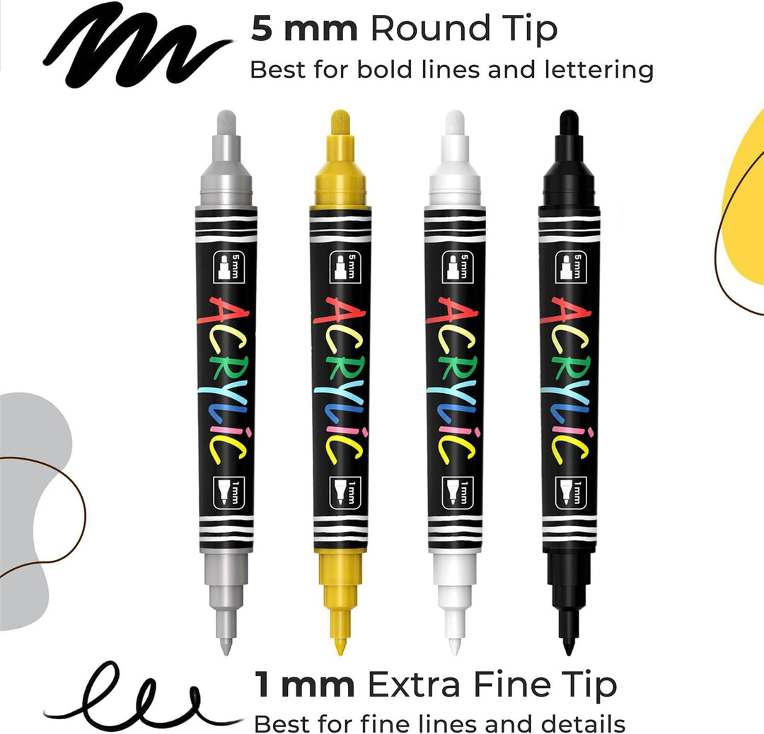 Chalkola 4 Acrylmarker Dualspitze (Weiss, Schwarz, Gold & Silber) 1mm+5mm Acrylic Marker, Acrylstift