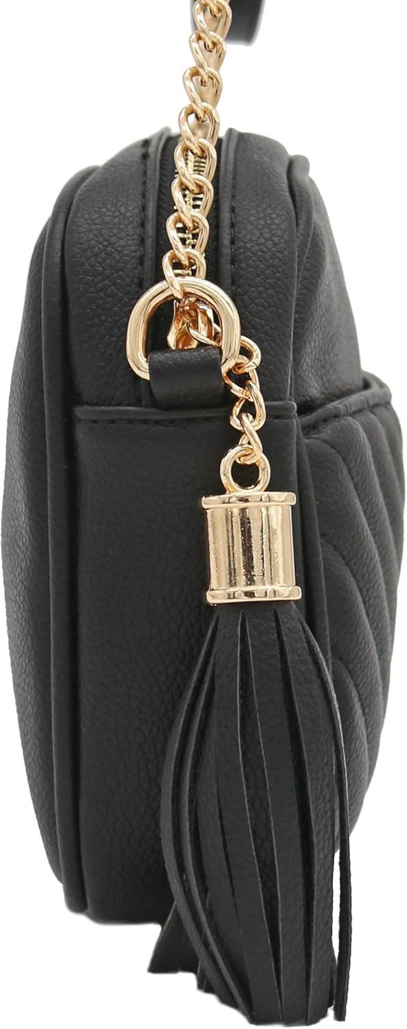 FashionPuzzle Chevron gesteppte Crossbody-Kameratasche mit Kettenriemen und Quaste Schwarz, Schwarz