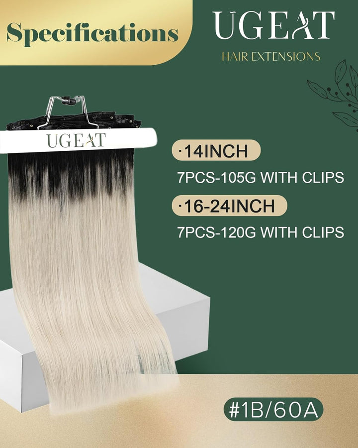 Ugeat Clip in Extensions Schwarz Blond Haarextension Echthaar Clips 55cm Schwarz bis Aschblond mit P