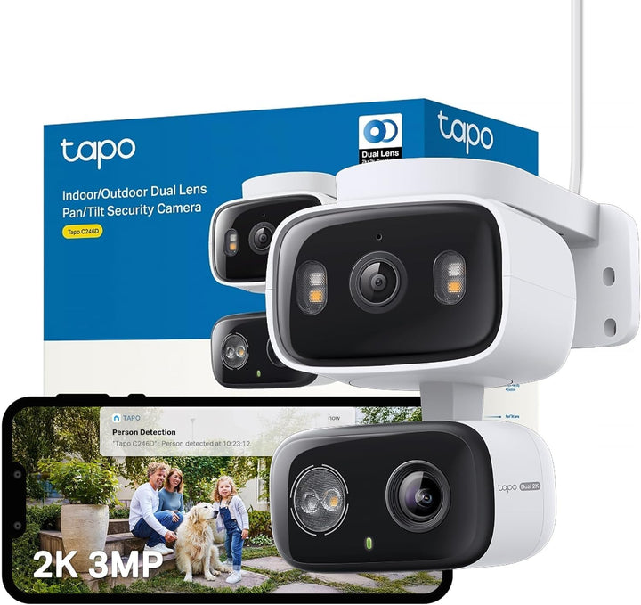 Tapo C246D WLAN Überwachungskamera Aussen mit 2K Dual-Objektiv, 125° Weitwinkel & 6mm Teleobjektiv,