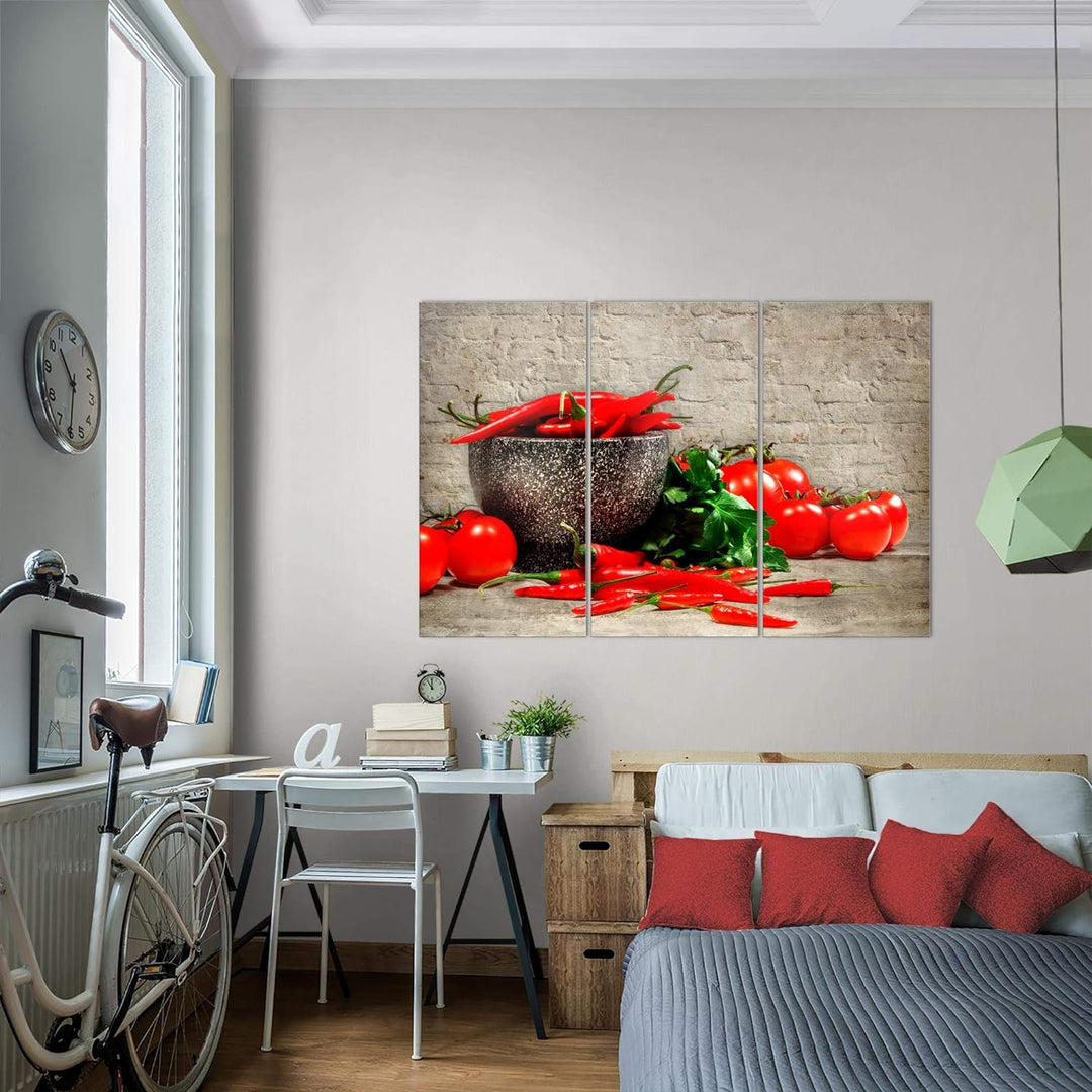 Runa Art Wandbilder Küche - Gemüse Bild XXL Esszimmer Küchenbilder Braun Rot Ziegel 120 x 80 cm 3 Te