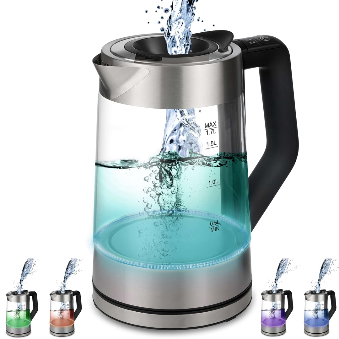 Glas Wasserkocher 1,7 Liter | 2200 Watt | Edelstahl mit Temperaturwahl | Teekocher | 100% BPA FREI |