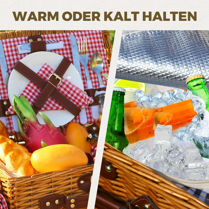 Picknickkorb Set für 2 Person mit Kühlfach, Abnehmbarer Riemen, Weinbeutel, Besteck Set, für Camping
