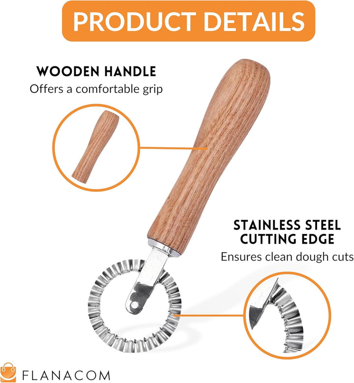 Ravioli Ausstecher Set mit Teigtaschenformer und Teigrädchen - aus hochwertigem Buchenholz und rostf