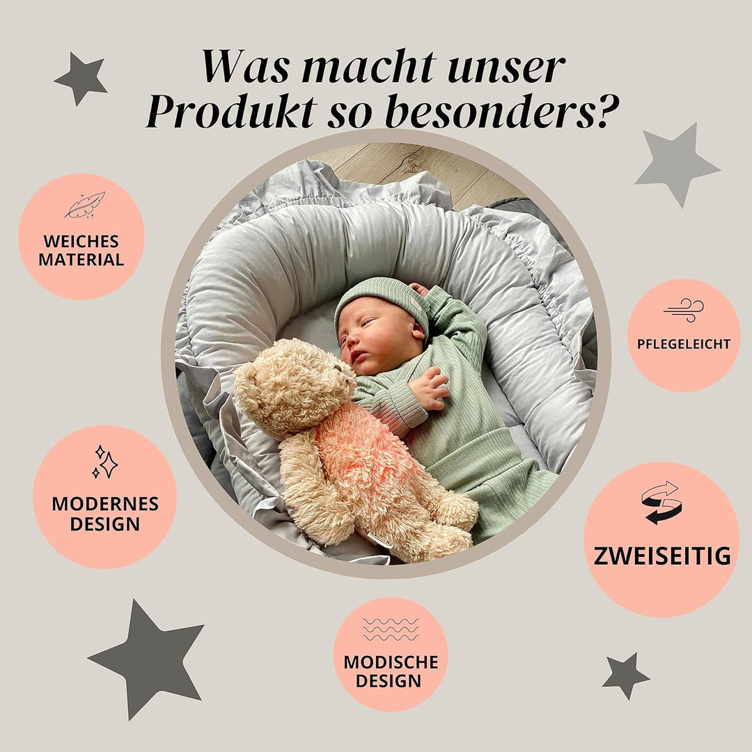 PIMKO Babynest mit rüschen Babynestchen für Baby Kuschelnest Babykokon für Säuglinge und Neugeborene