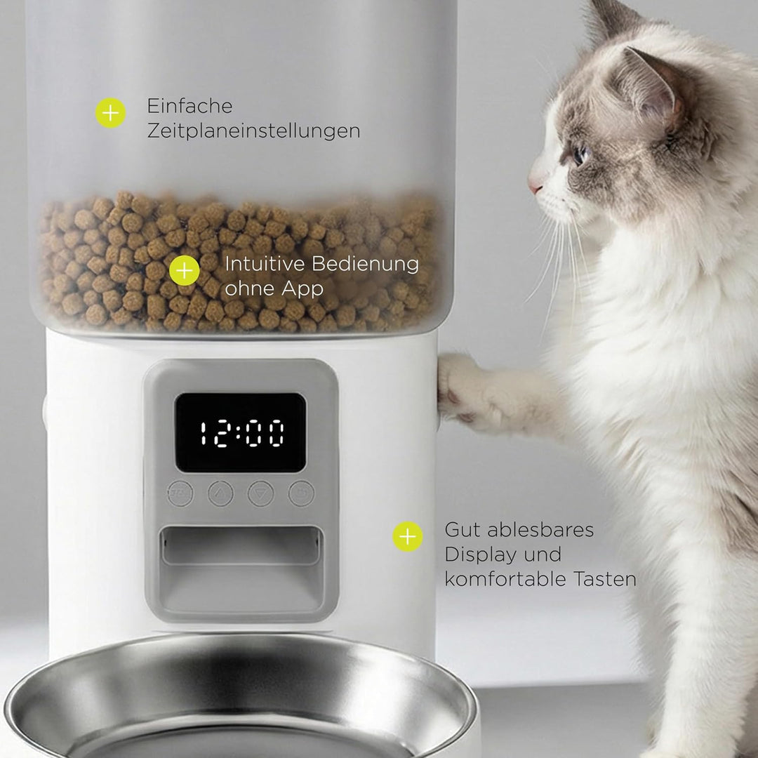 Crispy Futterautomat Katze mit Timer, ohne App, Katzenfutterautomat für Trockenfutter, LCD Display,