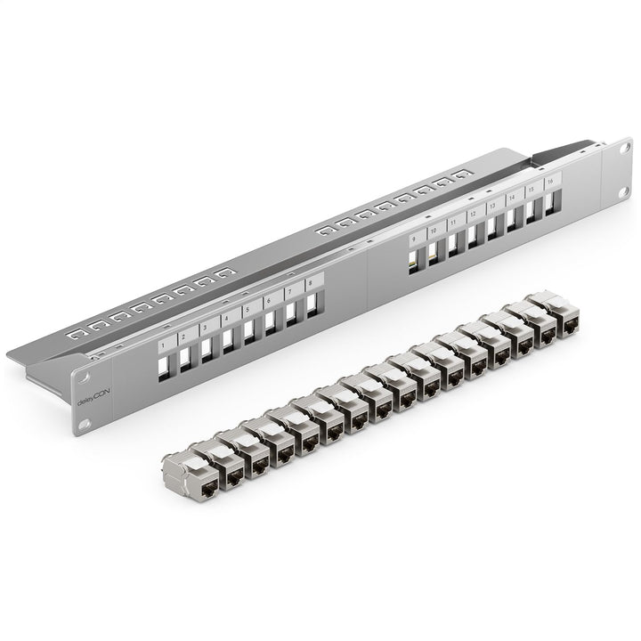deleyCON 16 Port CAT7 Patchpanel SET Patchfeld Verteilerfeld Modular 1 HE 19" Zoll Rackeinbau + 16x