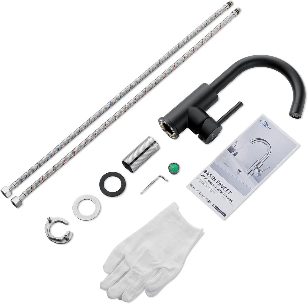Auralum Waschtischarmatur Schwarz Matt, Armatur Waschbecken 360 Grad drehbar,Wasserhahn Bad mit 60CM