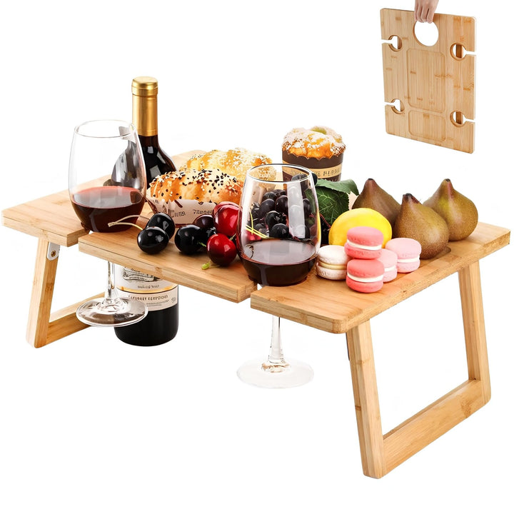 Peohud Bambus-Wein-Picknicktisch, zusammenklappbares Snacktablett mit Weingläserhalter, tragbarer We