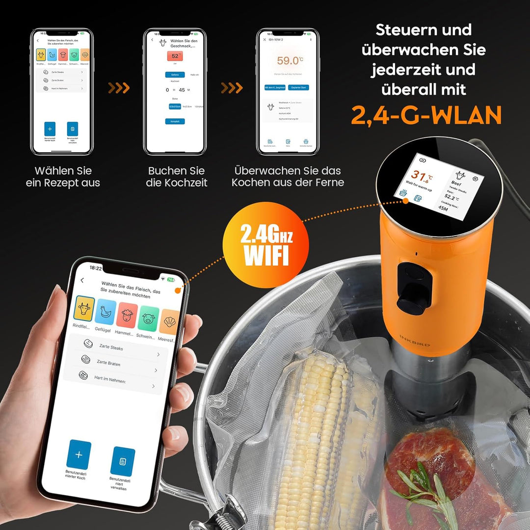 INKBIRD WiFi Sous Vide Garer ISV-101W, 1000 Watt Sous Vide, 3D-Wasserzirkulationserhitzung, Sous Vid