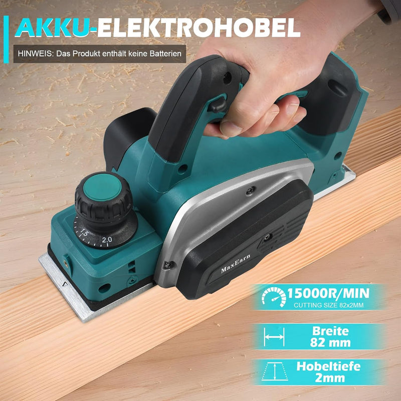 MaxEarn Akku Elektrohobel Holz, Automatischer Kabelloser Hobel für Makita 18V Akku, 82 mm Hobelbreit