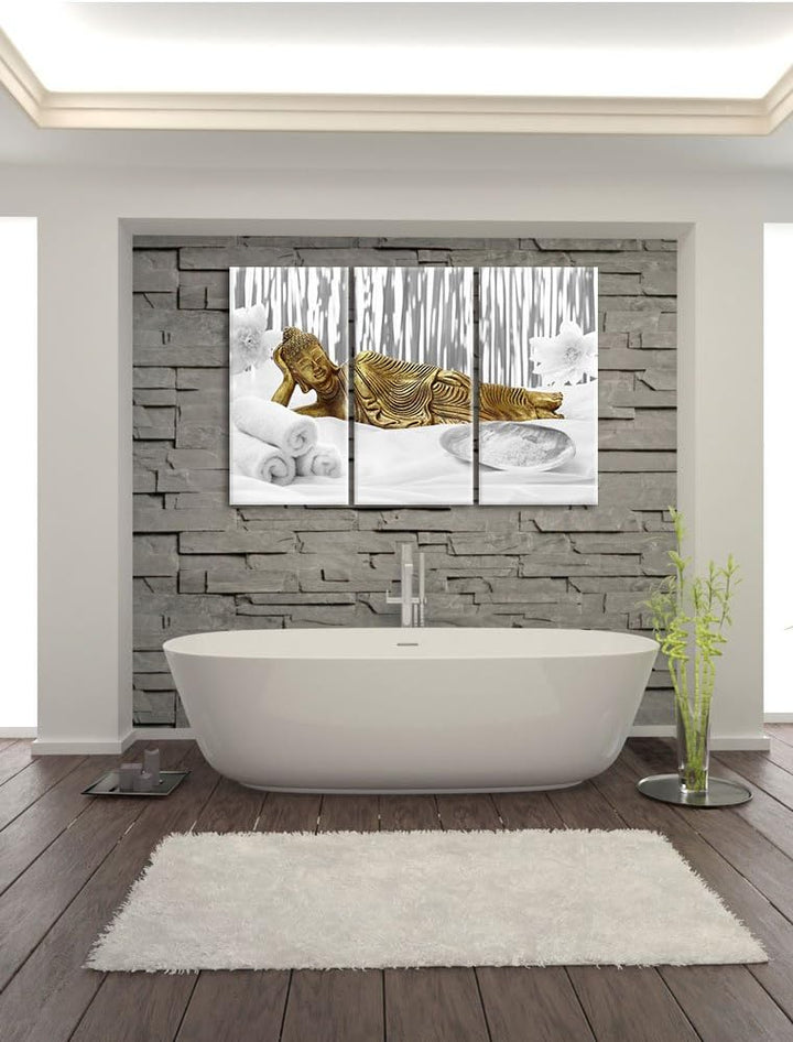 Pixxprint Goldener Buddha auf Handtuch als Leinwandbild/Grösse: 3 Teilig (120x80) cm/Wandbild/Kunstd