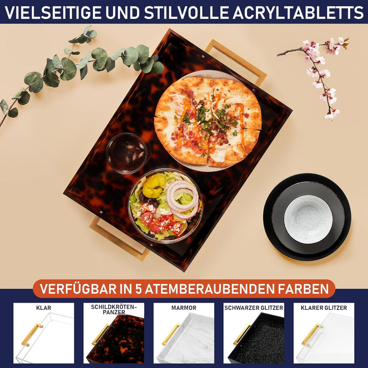 Acryl Serviertablett, goldene Griffe, 40,6 x 30,5 x 5,1 cm dekoratives Tablett für Tisch, Lebensmitt