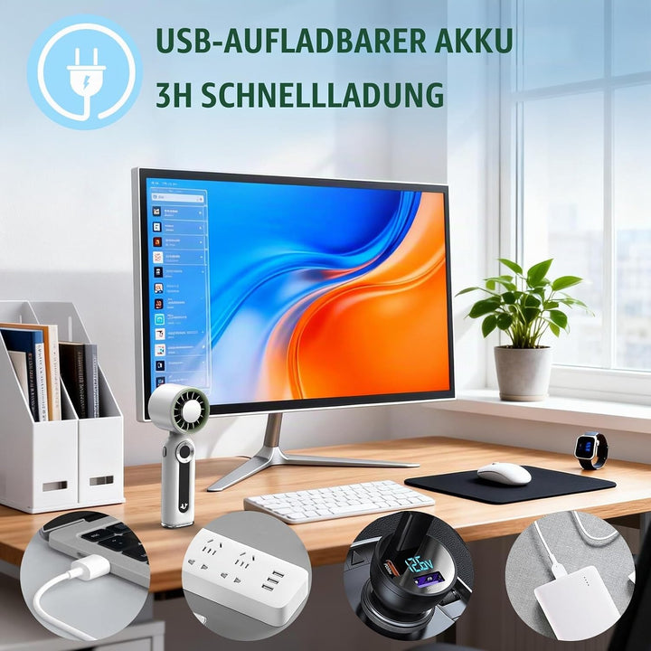 Handventilator mit Kühlung &amp; LED, klappbar – für Reise, Büro, Camping Weiss, Weiss