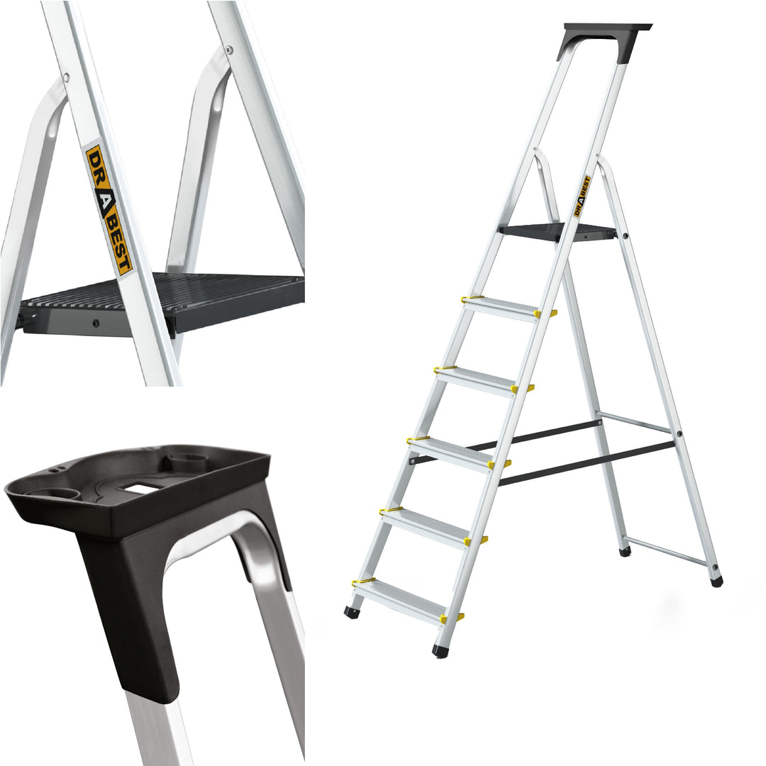 DRABEST Leiter PRO Serie Alu Leiter 6 Stufen Trittleiter Klappbar Stehleiter Haushaltsleiter mit Abl