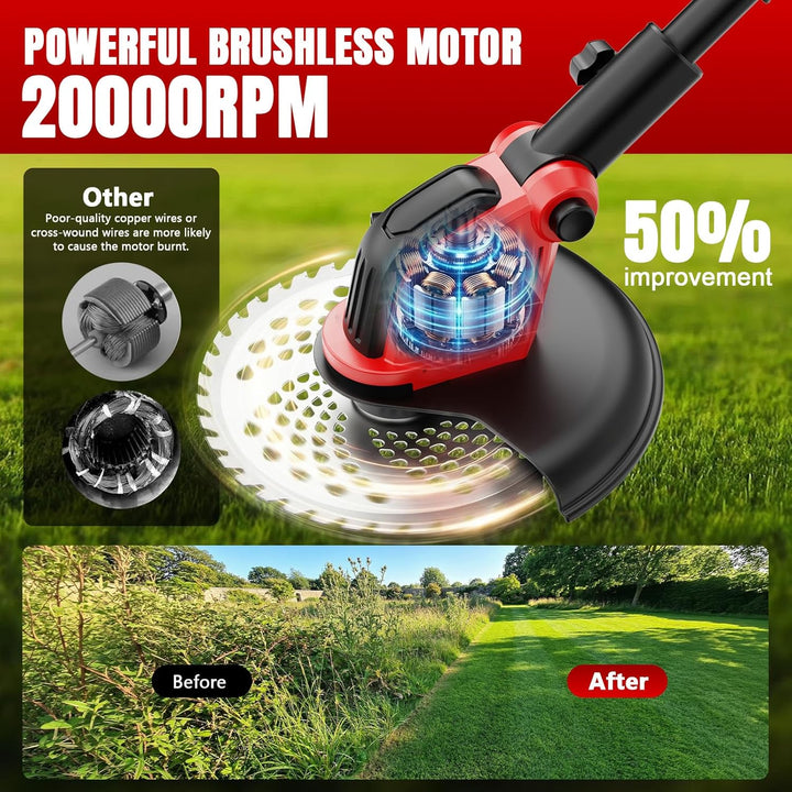 800W Akku Rasentrimmer mit Bürstenlosem Motor, 12 Zoll Schnittbreite, Abnehmbares Hilfsrad, 2 x 3,0