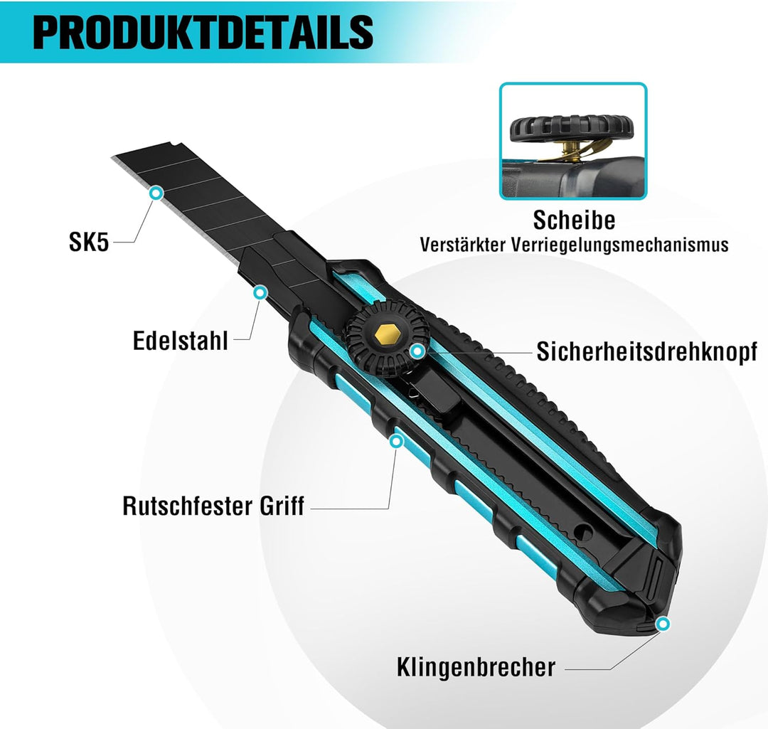 DURATECH 3 Stück Cuttermesser Set 18mm Profi Teppichmesser mit Drehknopf Sicherheitssperre, SK5 Abbr