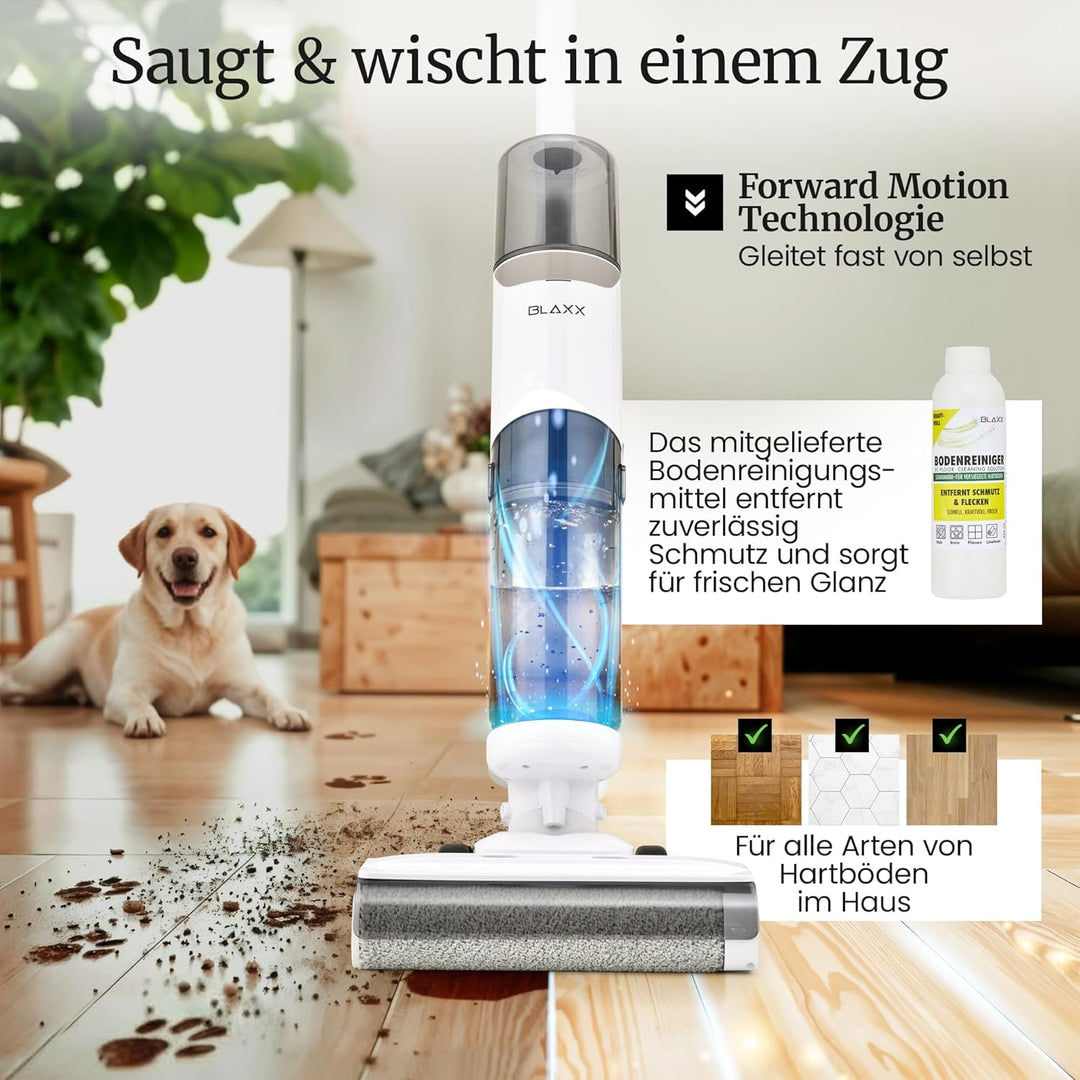 BLAXX Nass Trockensauger FloorVaX | Kabelloser Staubsauger mit Wischfunktion | 180° Lay-Flat | Selbs