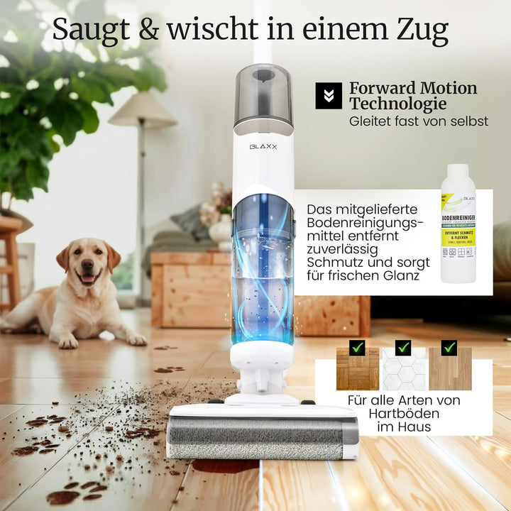 BLAXX Nass Trockensauger FloorVaX | Kabelloser Staubsauger mit Wischfunktion | 180° Lay-Flat | Selbs