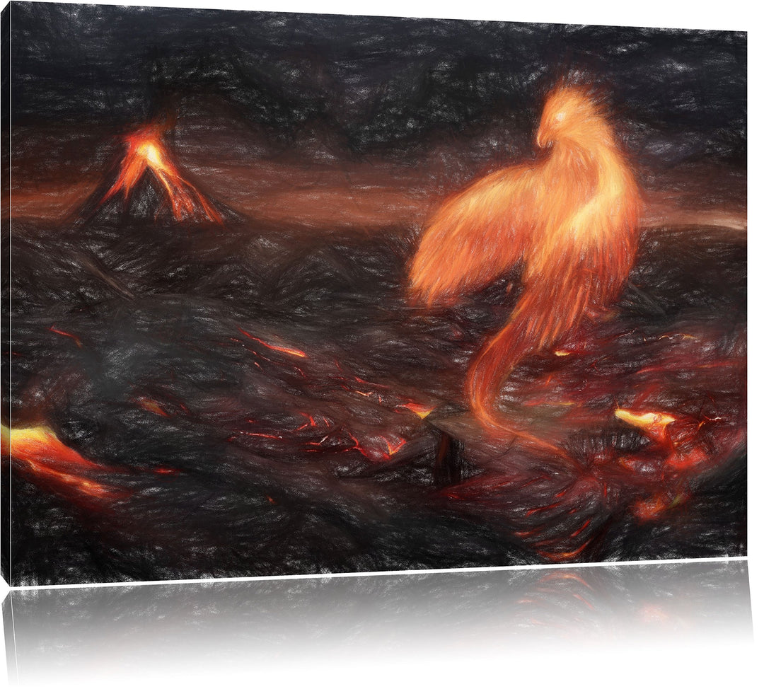 Pixxprint Brennender Phönix Vulkanlandschaft als Leinwandbild/Grösse: 100x70 / Wandbild/Kunstdruck/f
