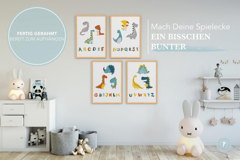 Papierschmiede® Kinderbilder 4er Set, A4 gerahmt in Holzrahmen (Natur), Geschenk für Jungen Wanddeko