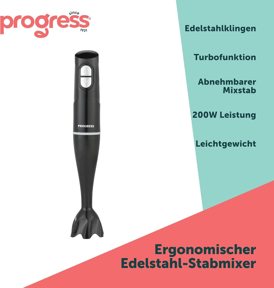 Progress Stabmixer 200W, Pürierstab Edelstahl mit Turbofunktion, Handmixer & Stabmixer Set mit Abneh