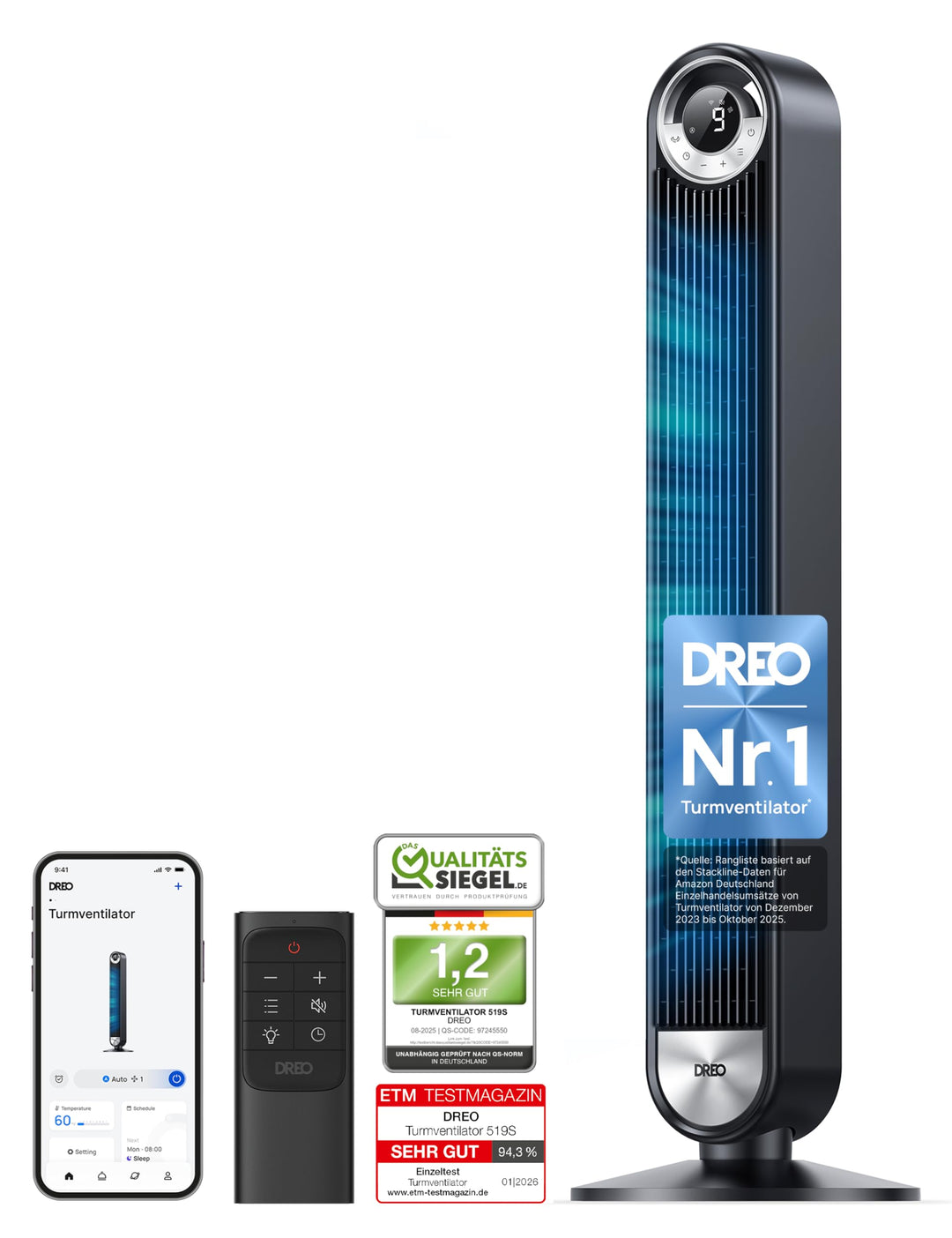 Dreo Smart Leiser Turmventilator mit Kühlung, 106cm WiFi Alexa Tower Fan, 90° oszillierender Ventila