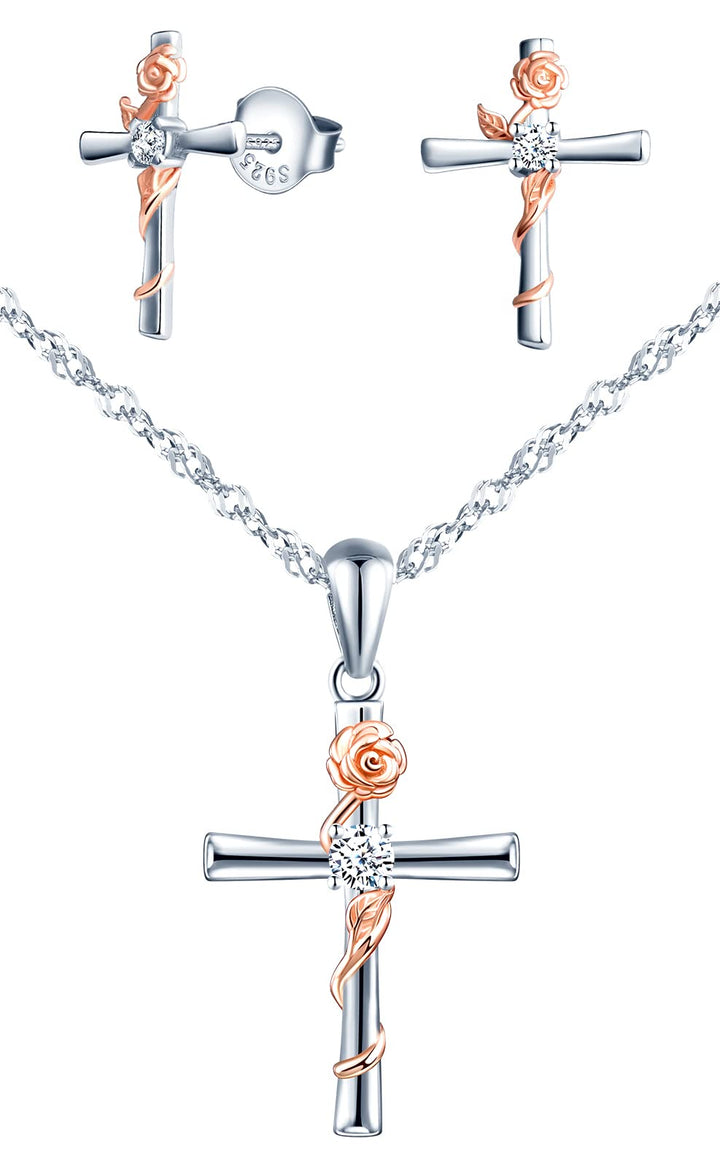 Yumilok Damen Schmuckset Halskette Kette Ohrringe Set Zirkonia Kreuz Rose Halskette mit Ohrringe für