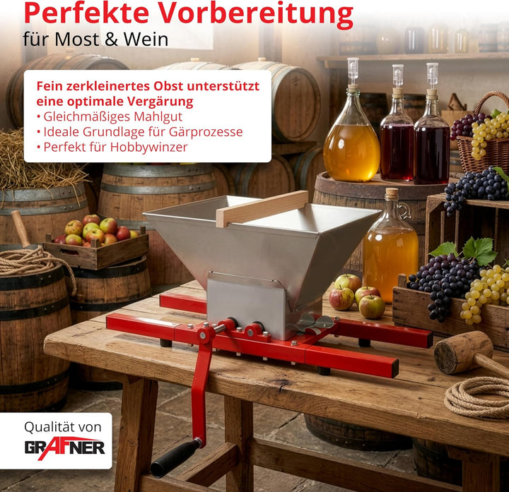 Grafner Obstmühle 7 Liter, Massive Ausführung mit Handkurbel, Apfelpresse Beerenmühle Traubenmühle S